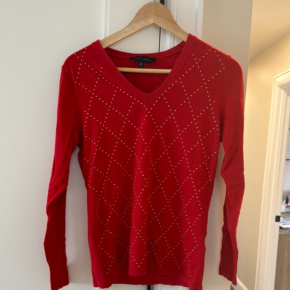 Tommy Hilfiger- Red V-Neck Sweater with Studded Design